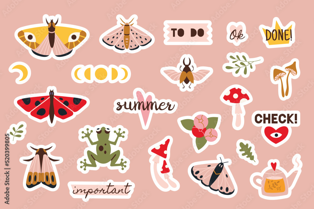Set of stickers for diaries, vector flat illustration. Cute sticker pack with summer vibe, moth, frog, cartoon image and trendy lettering. Decorations for notebook, bullet journal.
