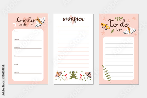 Trendy editable weekly summer planner and to do list. Vector stock illustration, cartoon style. Templates for Instagram stories, bullet journal page. Backgrounds for social media, notebook.