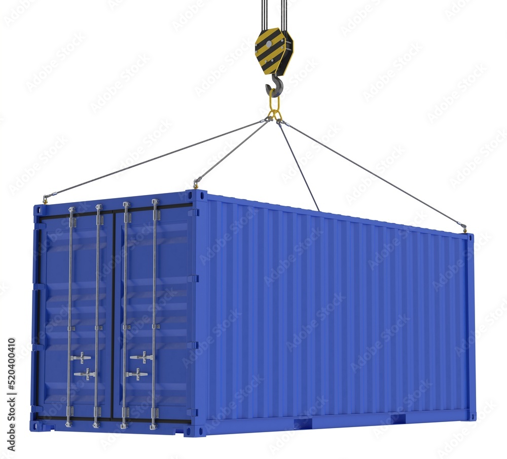 20-Foot Blue Shipping Container Hanging on a Crane Hook With Wire Ropes ...