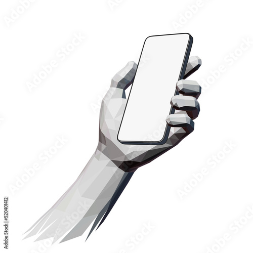 Low-Poly Hand Holding Smartphone With Blank Screen Over White Background, Vector Mock-up or Template
