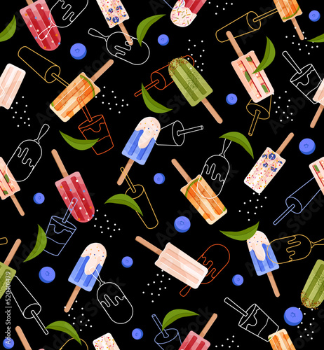 Ice cream bar popsicle seamless pattern on black background. Summer dessert with color line illustration repeat print wallpaper