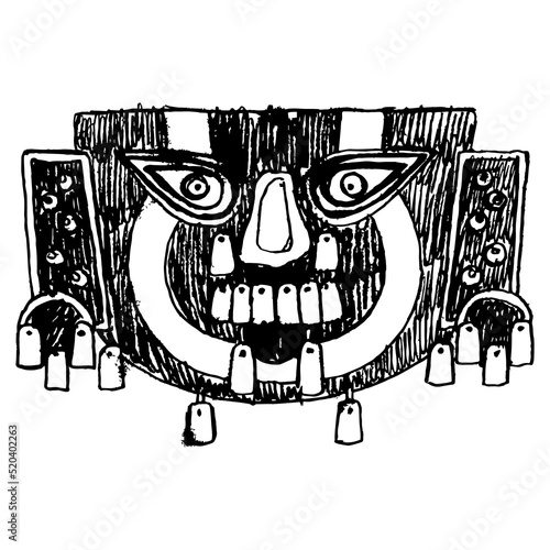 Ancient Peruvian tribal mask. Sican or Lambayeque culture. Black and white flat silhouette. Hand drawn rough sketch. Black silhouette on white background. Isolated vector illustration. 