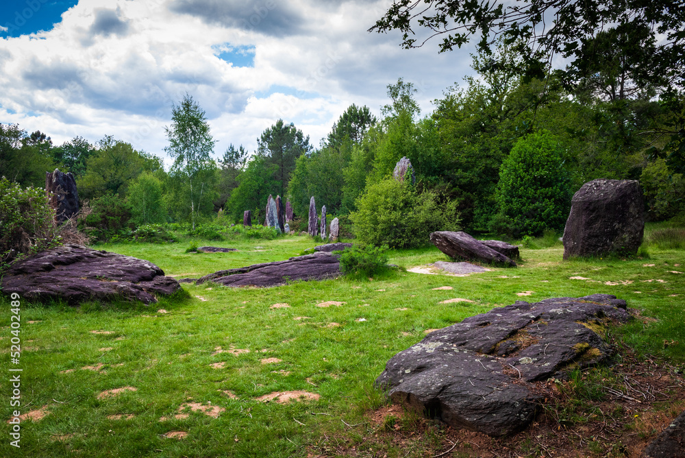 Menhirs field near Monteneuf in Brittany, France