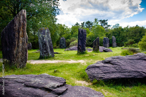 Standing and fallen menhirs near Monteneuf in Brittany, France