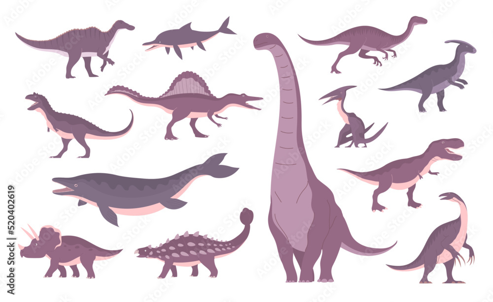 Set of ancient dinosaurs. Sauropod, tyrannosaurus rex, therizinosaurus, mosasaurus, triceratops. Extinct dino lizard of the Jurassic period. Paleontology animals. Vector isolated illustration