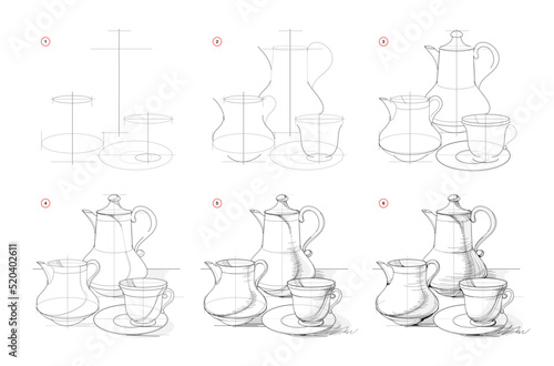 Page shows how to learn to draw sketch of old coffee set. Creation step by step pencil drawing. Educational page for artists. Textbook for developing artistic skills. Online education. Vector image. photo