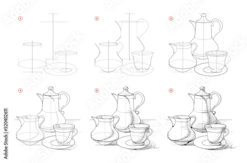 Page shows how to learn to draw sketch of old coffee set. Creation step by step pencil drawing. Educational page for artists. Textbook for developing artistic skills. Online education. Vector image.