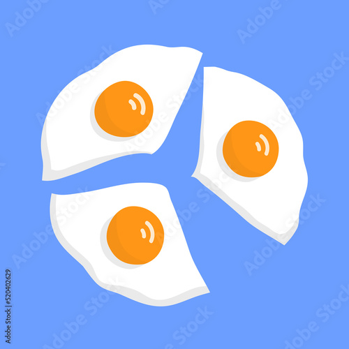 Cooked fried eggs. Cut pieces. Nutritious omelet. Tasty breakfast. Hot pan. Healthy food. Protein chicken product. Flat vector isolated  illustration