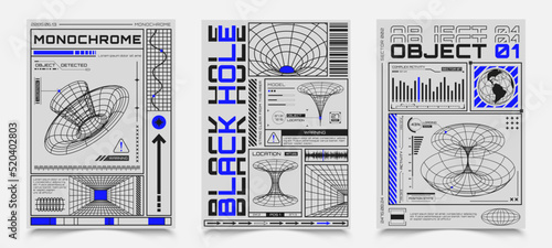 Posters with HUD elements, perspective grid, futuristic design elements, chart, black hole and model of planet. Abstract banner with wireframe 3D figures