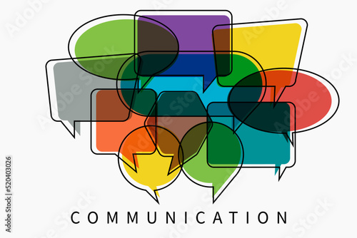 Vector illustration doodles of a communication concept. The word communication with colorful dialog speech bubbles