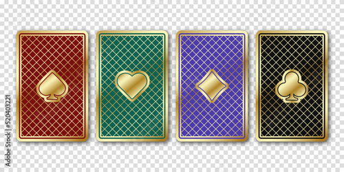 Four beautiful playing cards. The backside cards are green, red, black and magenta. Vector illustration on a transparent background.