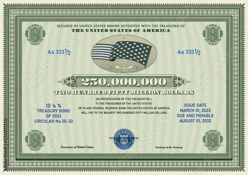 Vector US 250 million dollars treasury note. Green frame with guilloche pattern. American currency symbol, flag and blue bank seal
