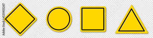 Set warning sign, alert icon. Danger warning attention sign. Empty blank yellow sign with a stroke. Vector illustration on transparent background.