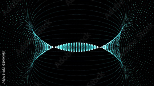 Moving tunnel of neon dots. Animation. Digital abstract glowing tunnel on black background. Graphic luminous funnel from side. Rotating portal of particles to musical vibrations