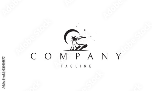 Vector logo on which an abstract image of a girl in a developing dress on the background of the moon.
