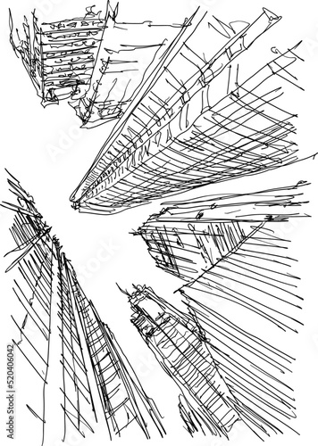 hand drawn architectural sketch of a modern abstract city architecture and skyscrapers and tall building