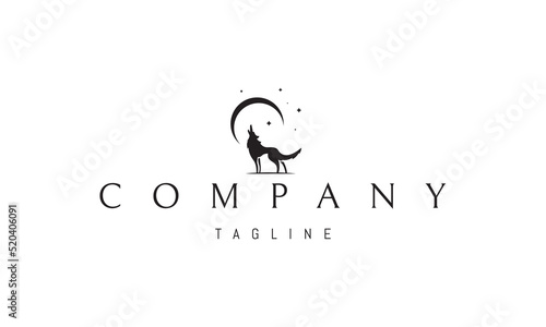 Vector logo on which an abstract image of a wolf howling at the moon.