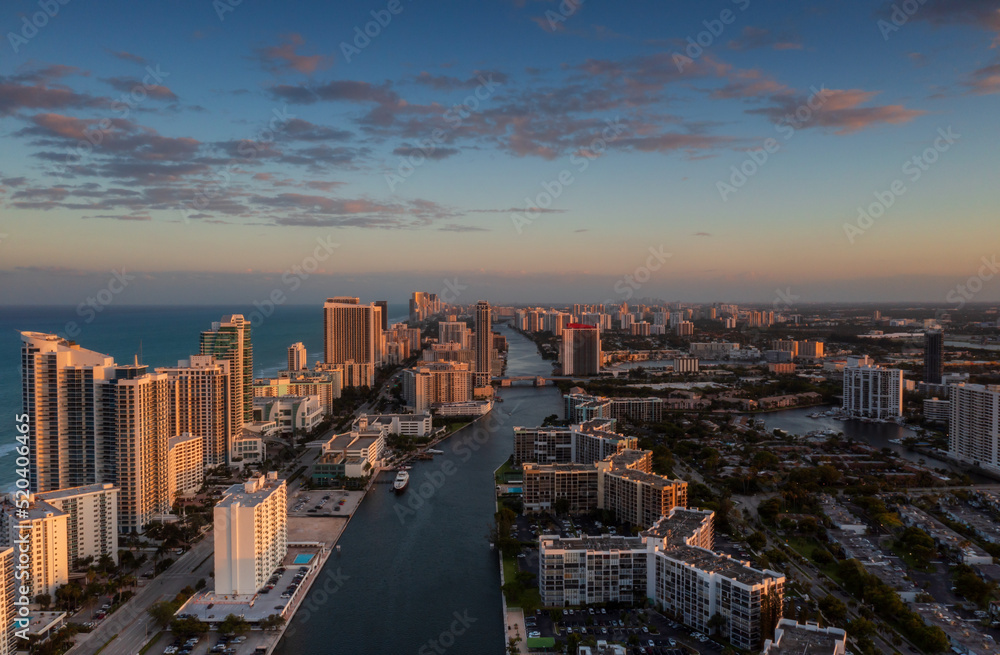 Aerial view on Hollywood beach at sunset