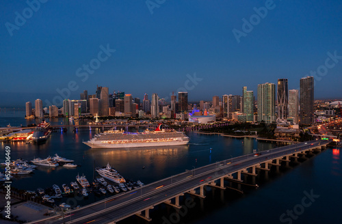 Aerial view of Miami at sunrise with cruise ship