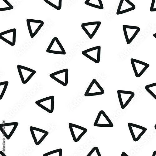 Doodle seamless pattern black triangles on white background, abstract chaotic hand drawn, minimalistic wrapping paper