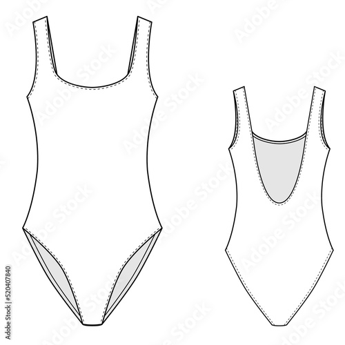 Swimsuit vector illustration isolated on white background, front and back view. Technical drawing for fashion design. 