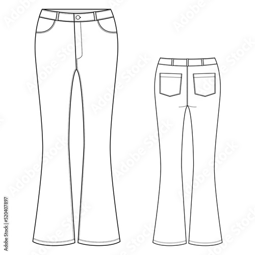Flared jeans vector illustration isolated on white background, front and back view. Technical drawing for fashion design