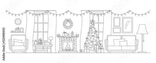 Cozy christmas living room line art interior. Vector editable stroke illustration.