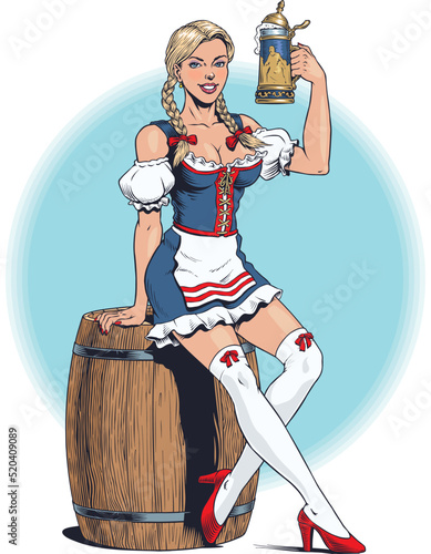 Oktoberfest girl wearing a traditional Bavarian dirndl costume and stockings, sitting on a beer barrel and holding a beer stein. Young attractive blonde german woman. Pin up style vector illustration.