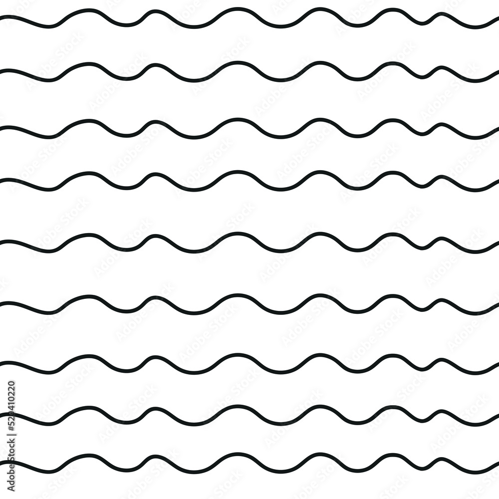 Doodle waves seamless pattern, minimalistic black and white background, hand drawn wavy lines