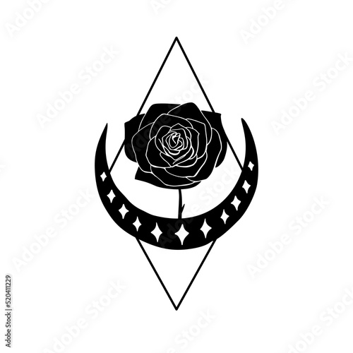Black silhouette of rose flower and crescent moon with stars in rhombus frame. Mystic celestial scene.