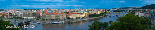Panorama of river Vltava and the old town of Prague in the evening