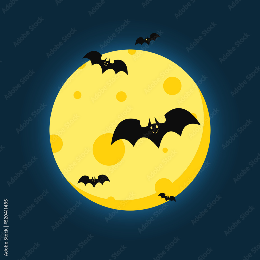 Halloween banner. Vector Halloween background with illustration of flying bats over moon. Yellow moon.