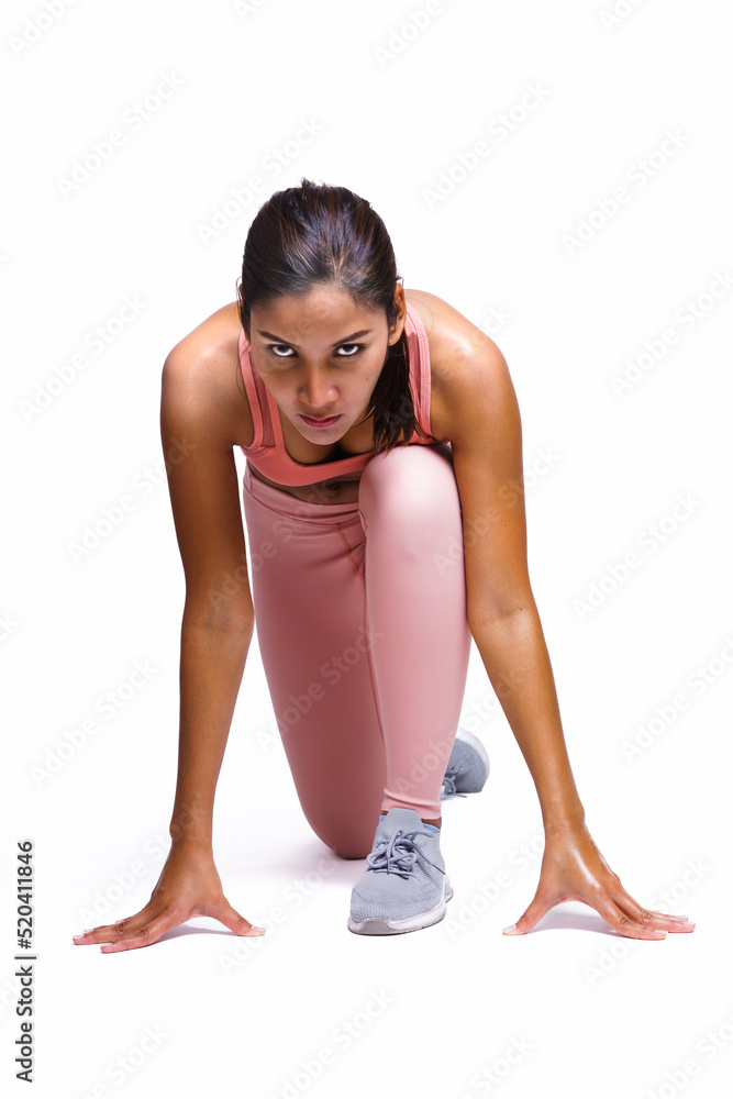Asian athlete woman ready to run competition, on position to waiting for go. Challenge for success concept..
