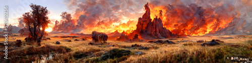 Artistic concept painting of a beautiful wilderness landscape, with a fire in the background. Illustration painting 