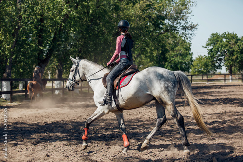 Teenage Girl in helmet Learning Horseback Riding. © sergiophoto