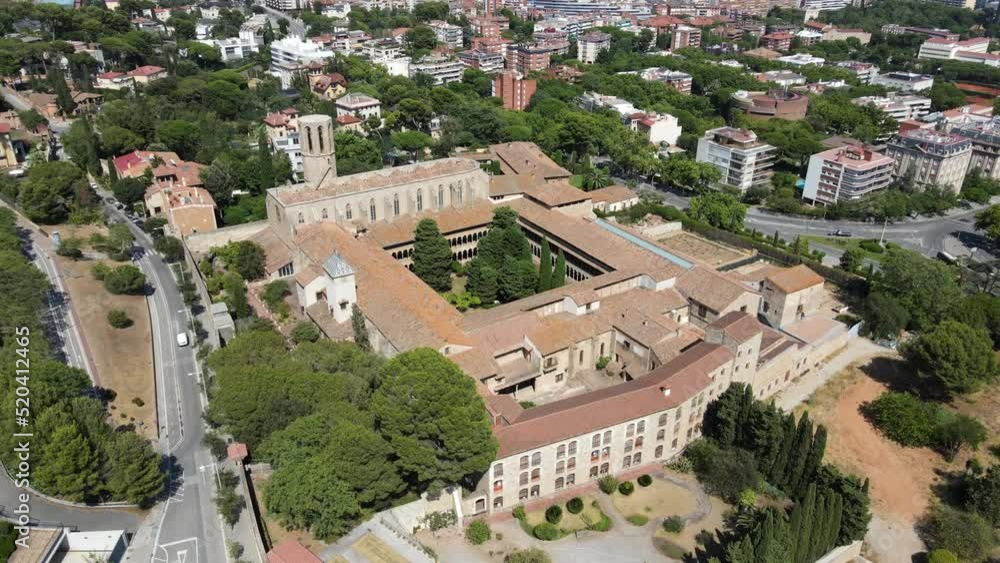 A camera drone flies around the Monastery of Pedralbes, Barcelona, Spain A camera drone flies around the Monastery of Pedralbes, Barcelona, Spain