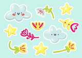Cute bright vector set of kawaii stickers and icons. Cool smiling 3D clouds, flowers, petals and stars. Collection of vintage retro badges, patches and pins for decor, textilles, printing, kids