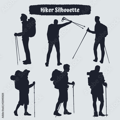 Collection of Hiker in mountains silhouettes in different poses