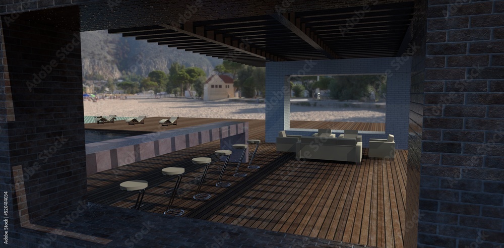 Empty cozy patio on the shore of a picturesque bay. Terrace board flooring. Finishing racks of old red and white bricks. 3d render.