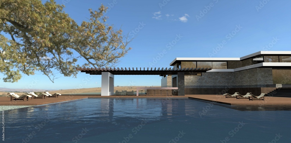 Autumn in a luxury advanced villa. Large pool, decking and spacious modern patio. A branch with yellow leaves above the water. 3d render.