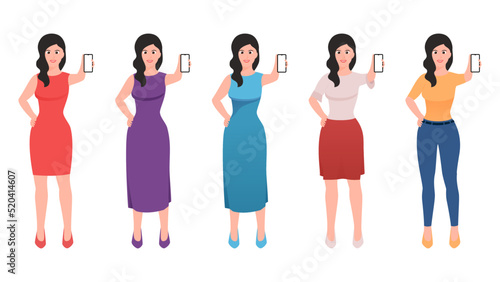 Girl showing mobile screen and other hand on waist, flat character vector illustration set. 