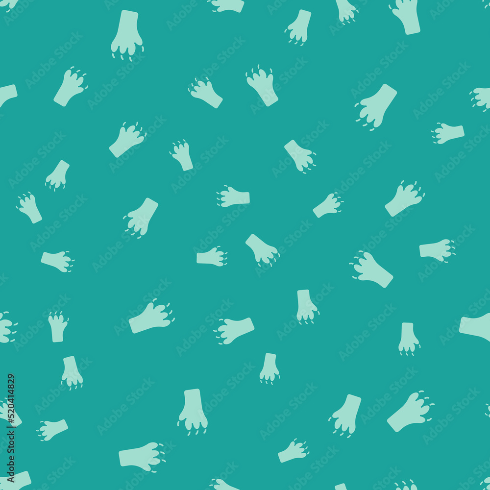 Green Paw print icon isolated seamless pattern on green background. Dog or cat paw print. Animal track. Vector Green Paw print icon isolated seamless pattern on green background. Dog or cat paw print. Animal track. Vector