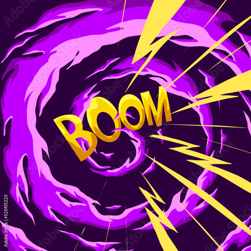 Comic book fantastic fire flames, smoke backgrounds. Boom lightning strikes Design template page. Hand drawn vector art illustration. 