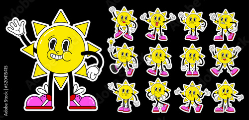 Cartoon retro character mascot of the sun and hands in gloves. Stickers with a cute and funny character in the style of the 90s. Helper vector set