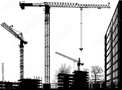 Obraz na plátně house building and three cranes isolated on white