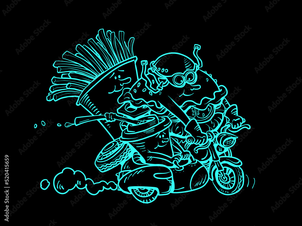 Obraz premium Fast food products characters bikers ride a motorcycle. Road restaurant. Burger fries drink cola