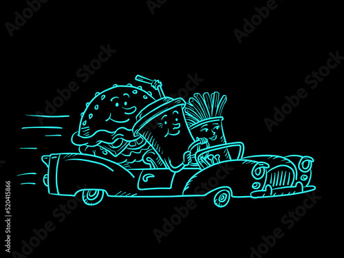 Road restaurant, fast food characters burger drink cola and french fries friends driving car