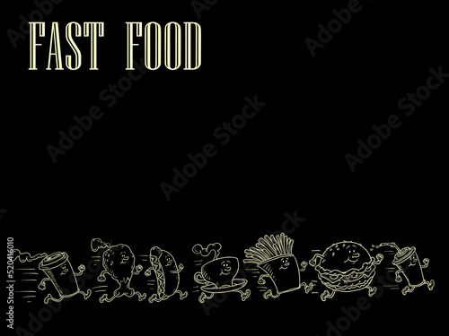 Fast food products restaurant menu background. Burger fries drink cola chicken leg hot dog coffee cup