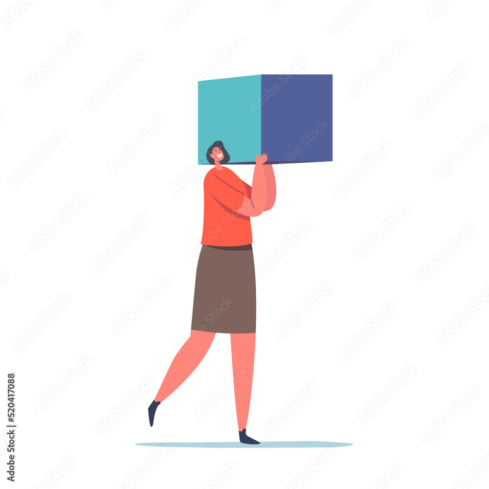 Big Data Storage, Blockchain Technologies Concept. Tiny Female Character Holding Huge Cube Or Building Block Isolated Big Data Storage, Blockchain Technologies Concept. Tiny Female Character Holding Huge Cube Or Building Block Isolated