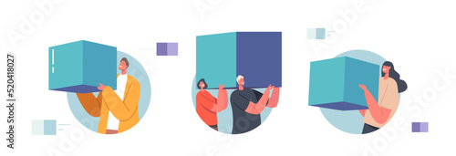 Characters Holding Cubes Or Building Blocks Isolated Icons Or Avatars. Big Data Storage, Blockchain Technology